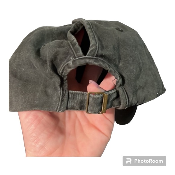 Ball Cap with High Pony Tail Hole | 100% Cotton | Distressed Black - Picture 3 of 4